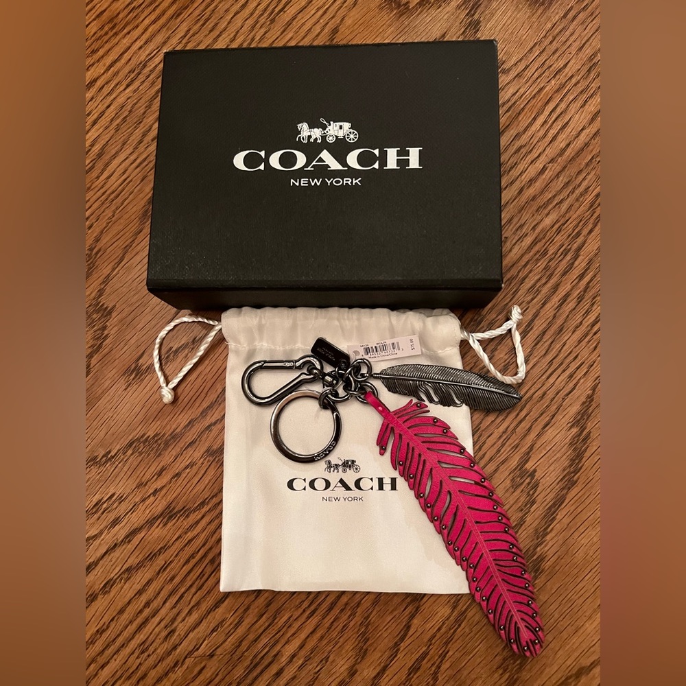 Coach Multi Feather Leather & Metal Bag Charm / Key Chain in Fuchsia NWT